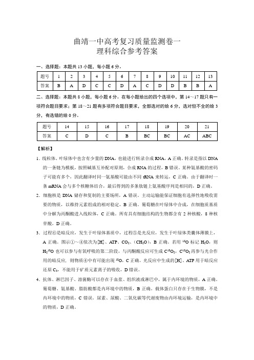 云南省曲靖市第一中学2019届高三9月高考复习质量监测卷一理综-试卷答案