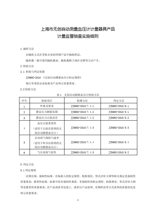 2020上海市无创自动测量血压计计量器具产品计量监督抽查实施细则