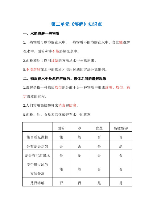 四年级上册科学第二单元《溶解》知识点教科版