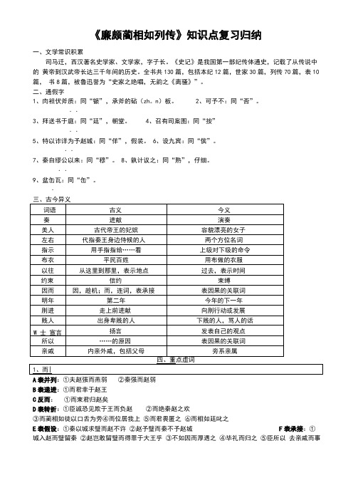 廉颇蔺相如列传的知识点复习归纳