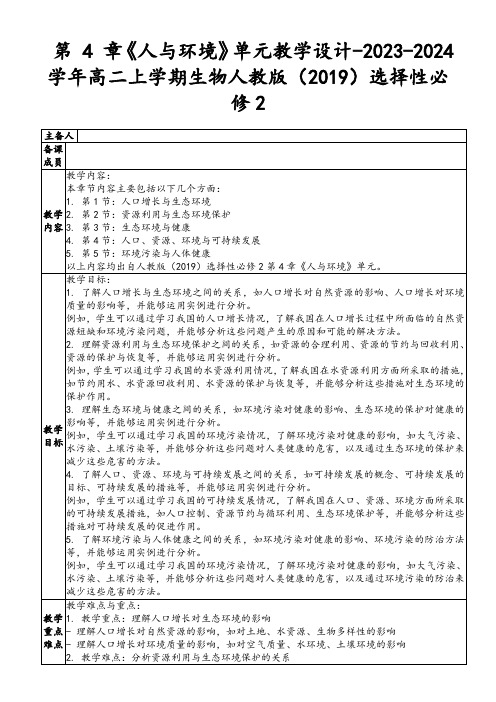 第4章《人与环境》单元教学设计-2023-2024学年高二上学期生物人教版(2019)选择性必修2