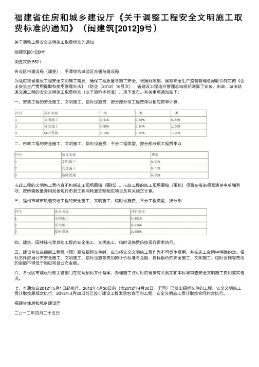 福建省住房和城乡建设厅《关于调整工程安全文明施工取费标准的通知》（闽建筑[2012]9号）