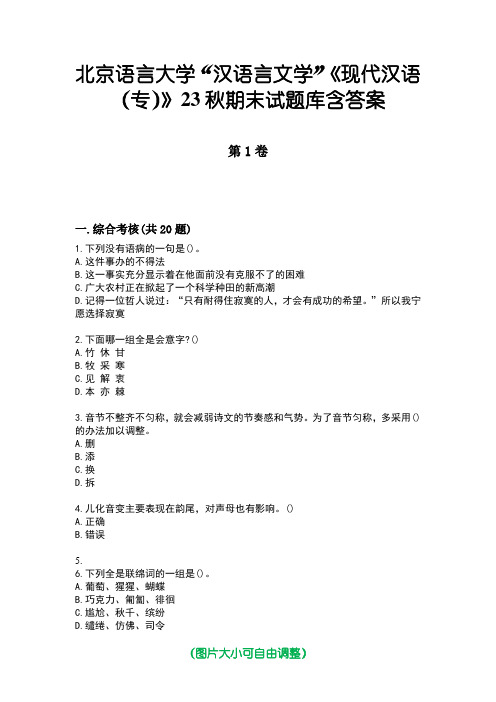 北京语言大学“汉语言文学”《现代汉语(专)》23秋期末试题库含答案版