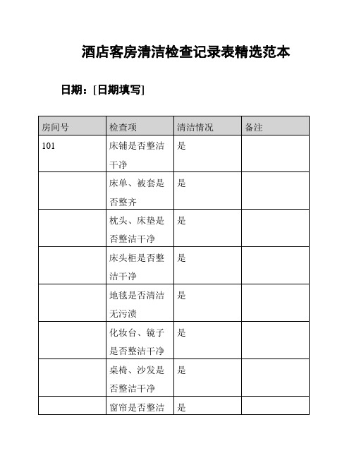 酒店客房清洁检查记录表精选范本