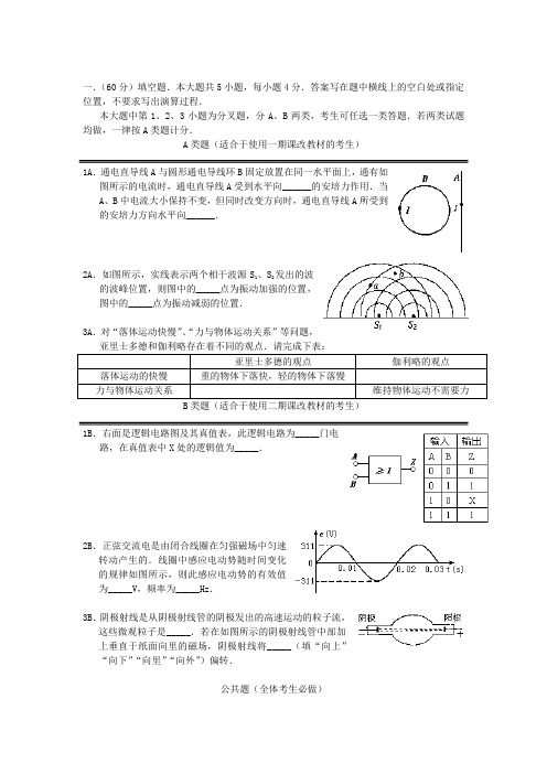 全国统一高考上海物理试卷附答案