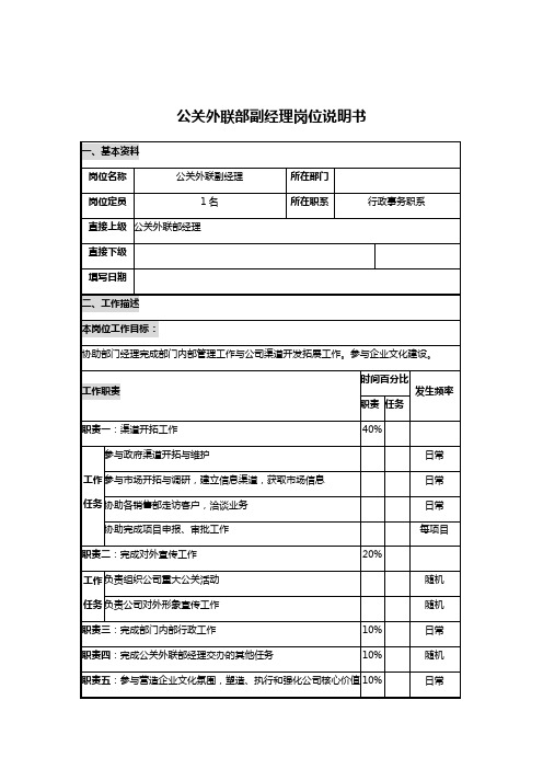 公关外联部副经理岗位说明书