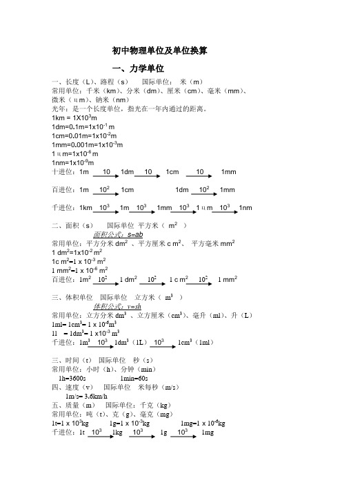 初中物理力学单位及单位换算