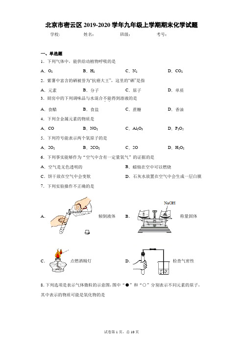 北京市密云区2019-2020学年九年级上学期期末化学试题