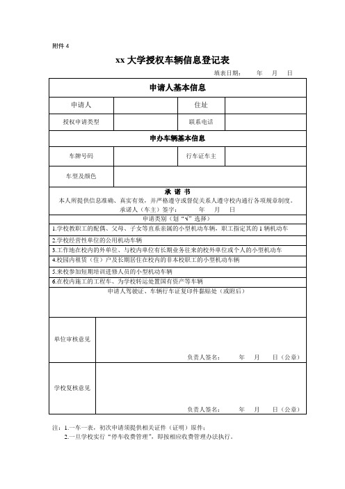 xx大学授权车辆信息登记表