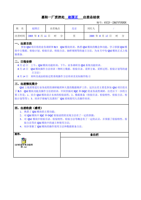 出差工作总结表--赵国正