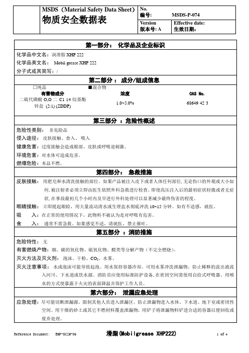 物质安全数据表(MSDS)-滑脂XHP222