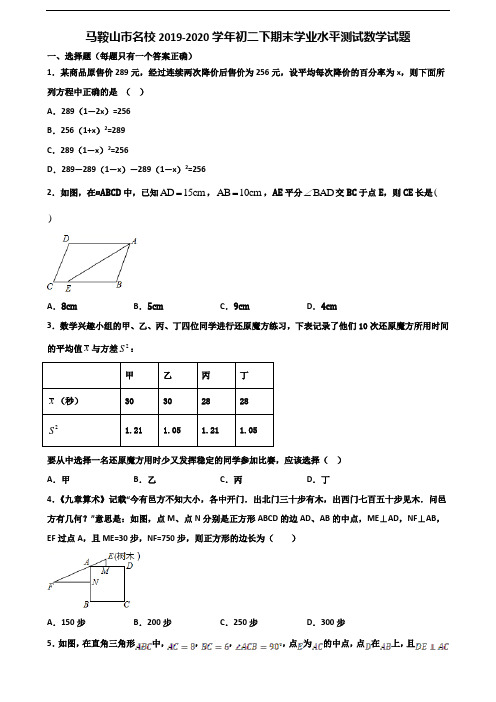 马鞍山市名校2019-2020学年初二下期末学业水平测试数学试题含解析