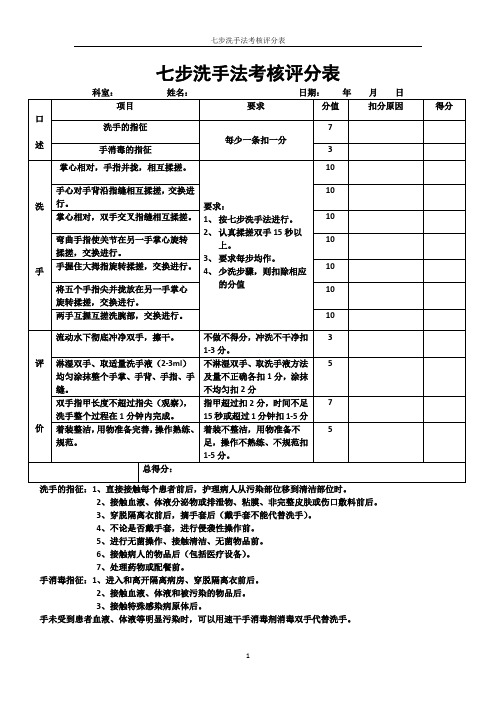 七步洗手法考核评分表