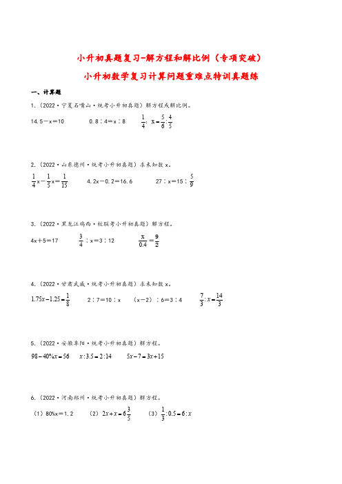 小升初数学复习计算问题重难点特训全国真题合集 解方程和解比例