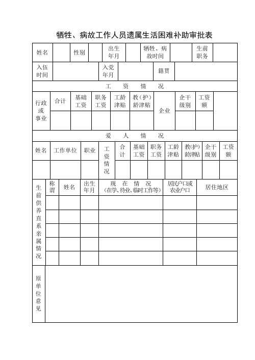 牺牲、病故工作人员遗属生活困难补助审批表