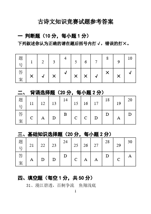 古诗文知识竞赛试题参考答案