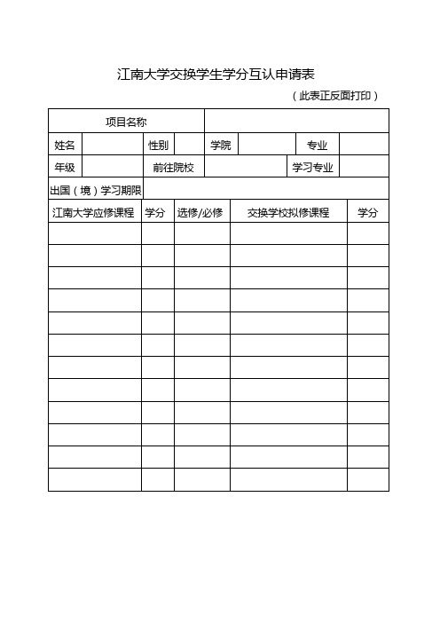 江南大学交换学生学分互认申请表