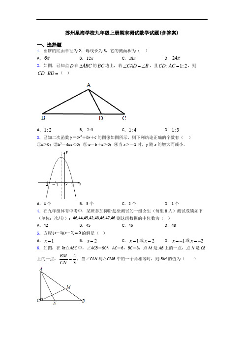 苏州星海学校九年级上册期末测试数学试题(含答案)