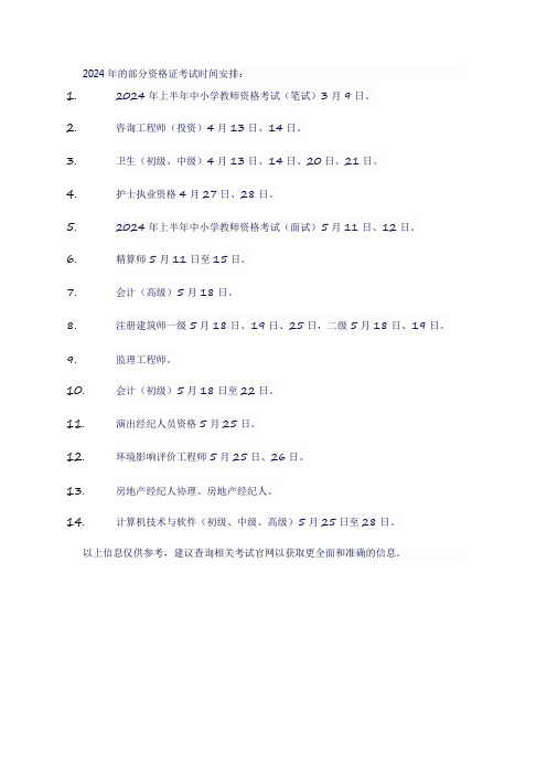 各2024年类资格证考试一览表