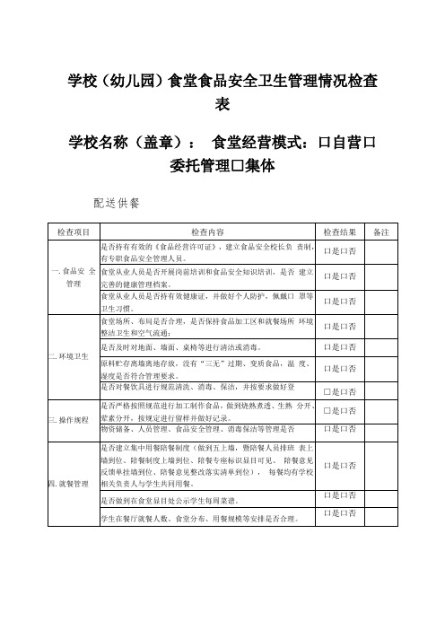 学校(幼儿园)食堂食品安全卫生管理情况检查表