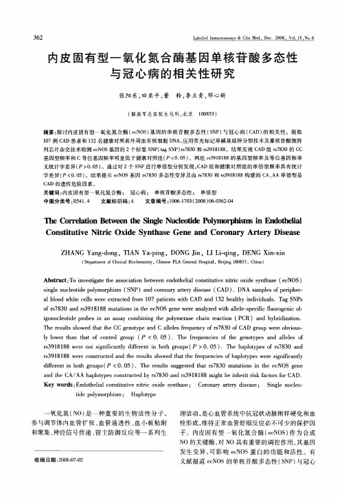 内皮固有型一氧化氮合酶基因单核苷酸多态性与冠心病的相关性研究