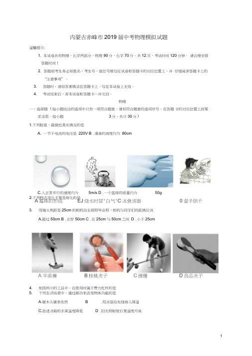 内蒙古赤峰市2019届中考物理模拟试题含答案