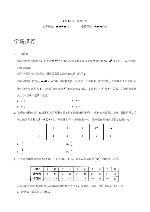 2018年3月18日 每周一测-试题君之每日一题君2018年高考数学理二轮复习 含解析 精品