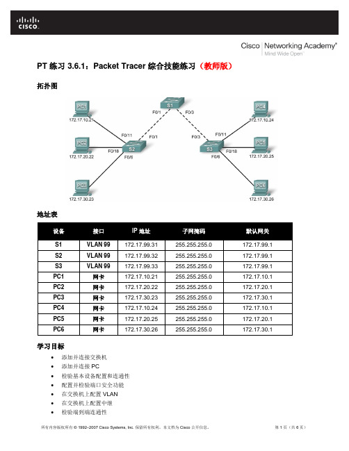 PT 练习 3.6.1：Packet Tracer 综合技能练习(教师版)