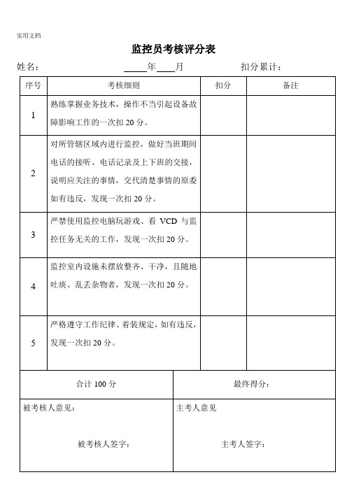 监控员考核评分表