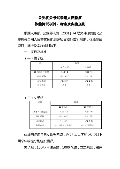 人民警察体能测试项目、标准及实施规则