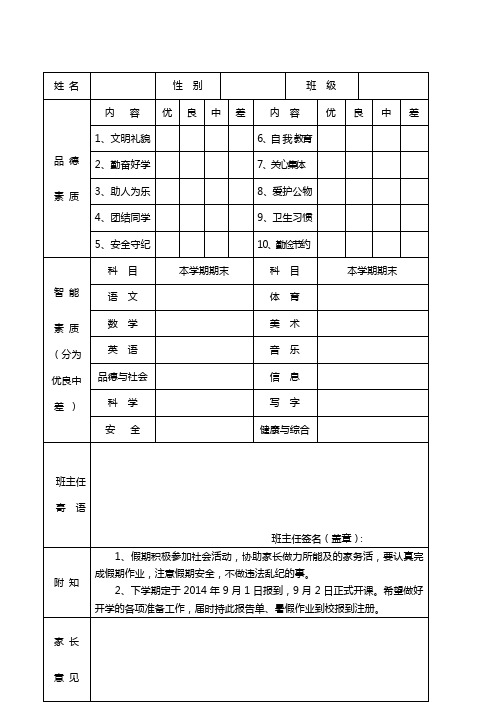 小河中心学校学生素质发展报告单1