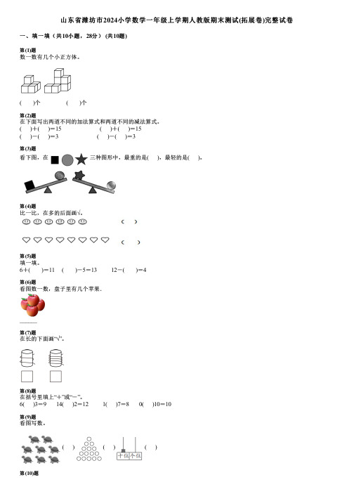 山东省潍坊市2024小学数学一年级上学期人教版期末测试(拓展卷)完整试卷