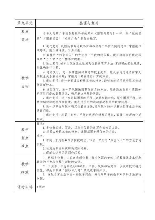 苏教版四下数 第九单元：第九单元 教材分析-教案