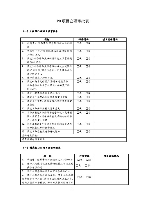 IPO项目立项审批表 模板