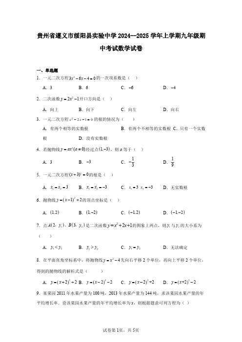 贵州省遵义市绥阳县实验中学2024--2025学年上学期九年级期中考试数学试卷