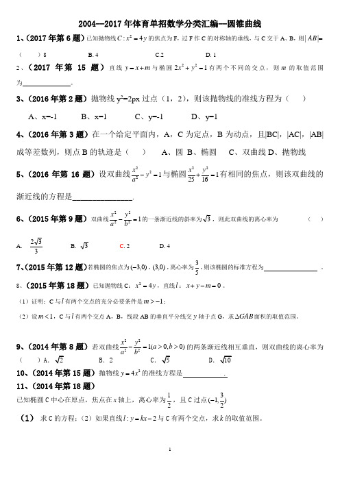 (完整word版)2004--2017年体育单招数学分类汇编-圆锥曲线