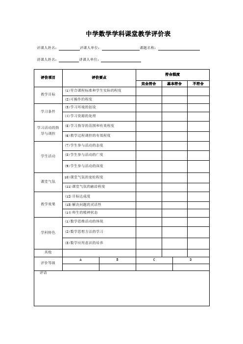 中学数学学科课堂教学评价表