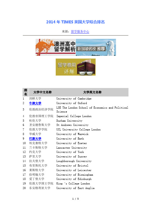 2014年英国大学综合排名