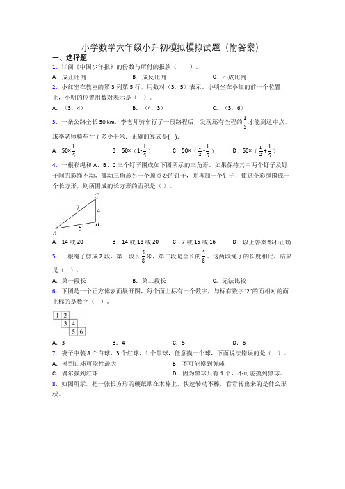 小学数学六年级小升初模拟模拟试题(附答案)