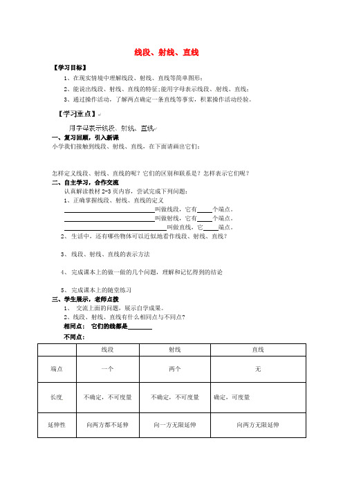 2017年春季鲁教版五四制六年级数学下学期5.1线段、射线、直线导学案1