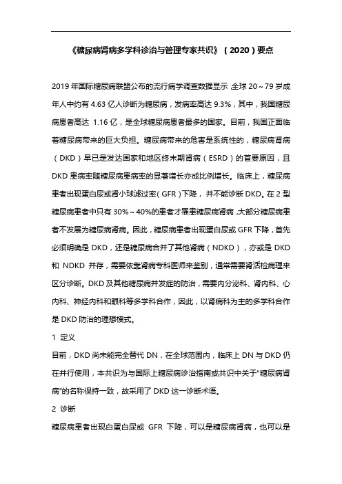 《糖尿病肾病多学科诊治与管理专家共识》(2020)要点