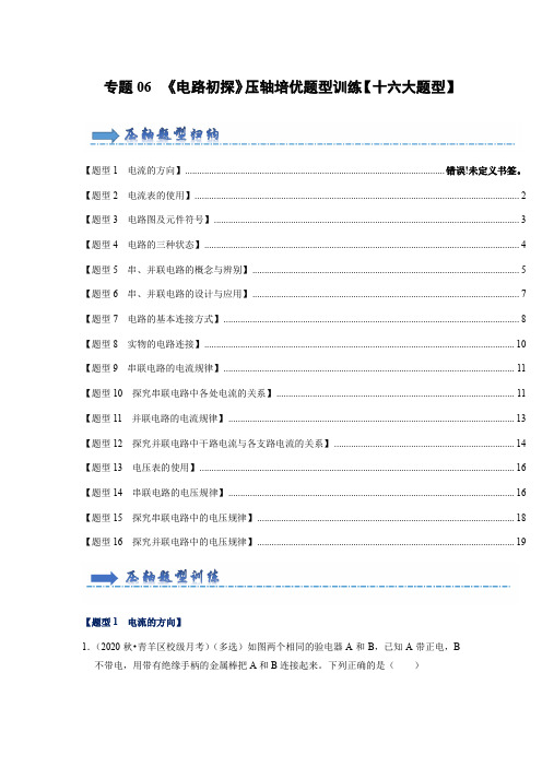 专题06《电路初探》压轴培优题型训练(原卷版)
