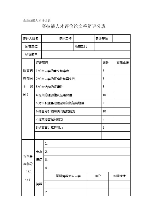 高技能人才评价论文答辩评分表