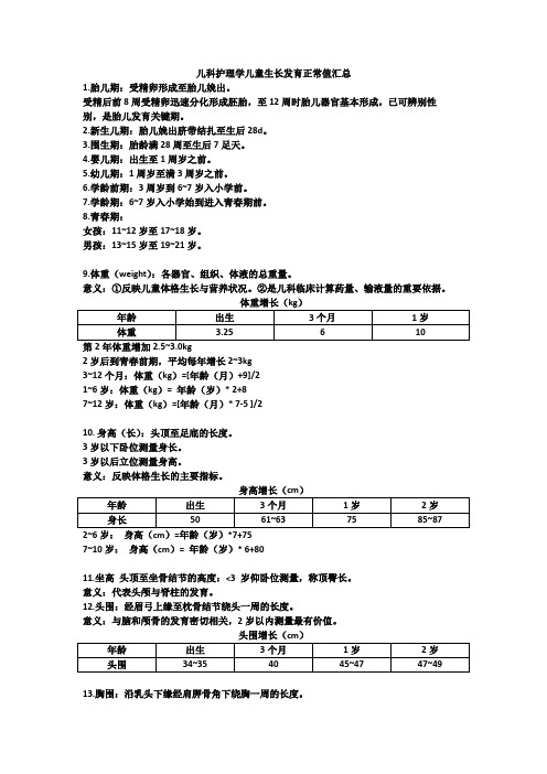 儿科护理学儿童生长发育正常值汇总