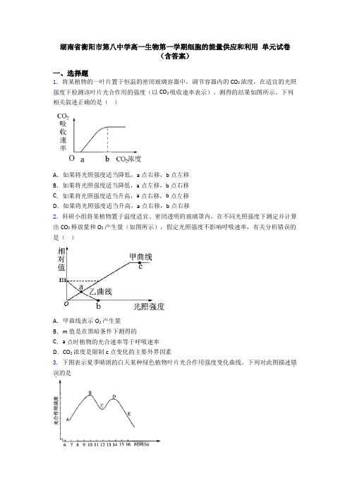 湖南省衡阳市第八中学高一生物第一学期细胞的能量供应和利用 单元试卷(含答案)