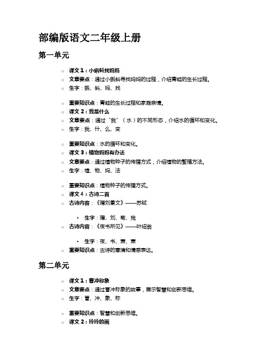 二年级 最新部编版语文每一课时文章要点、生字词及重要知识点整理