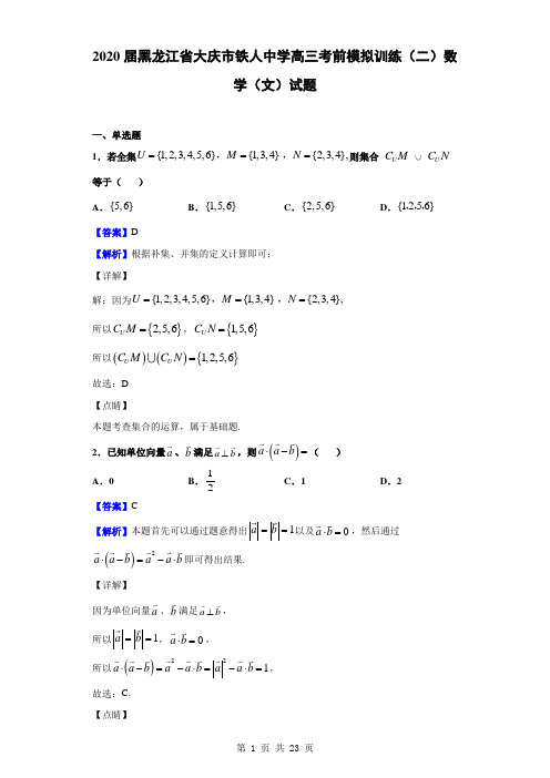 2020届黑龙江省大庆市铁人中学高三考前模拟训练(二)数学(文)试题(解析版)