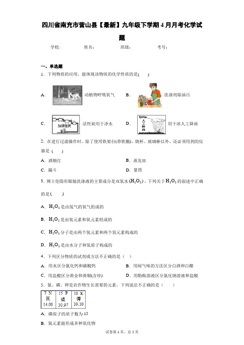 四川省南充市营山县2020-2021学年九年级下学期4月月考化学试题 答案和解析