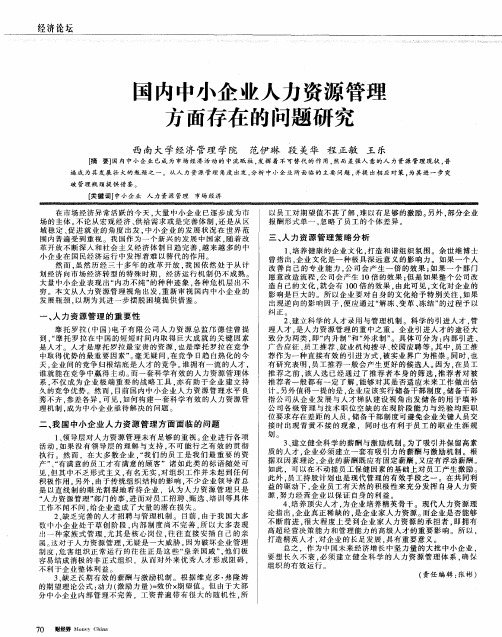 国内中小企业人力资源管理方面存在的问题研究