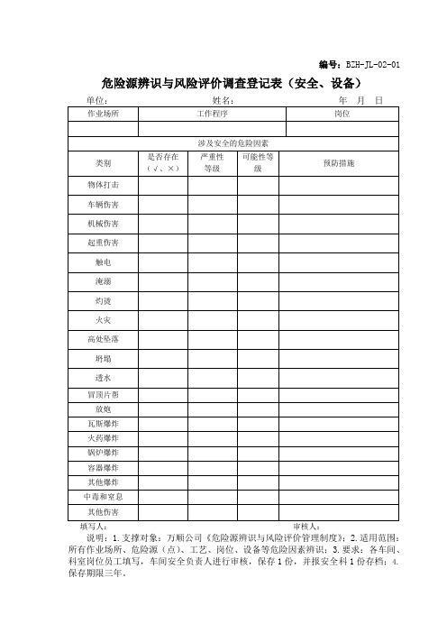 危险源辨识与风险评价调查登记表矿山公司